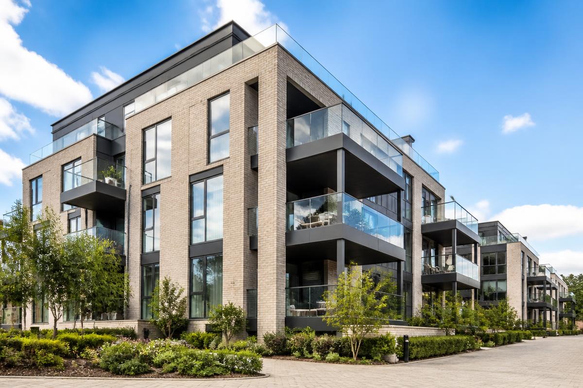 Modern apartment building with glass balconies and contemporary brick facade